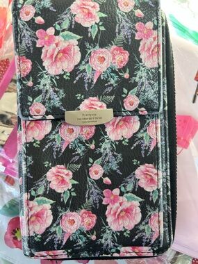 Floral Black Pink Wallet with Metal Accent phone case zipper closure coin purse